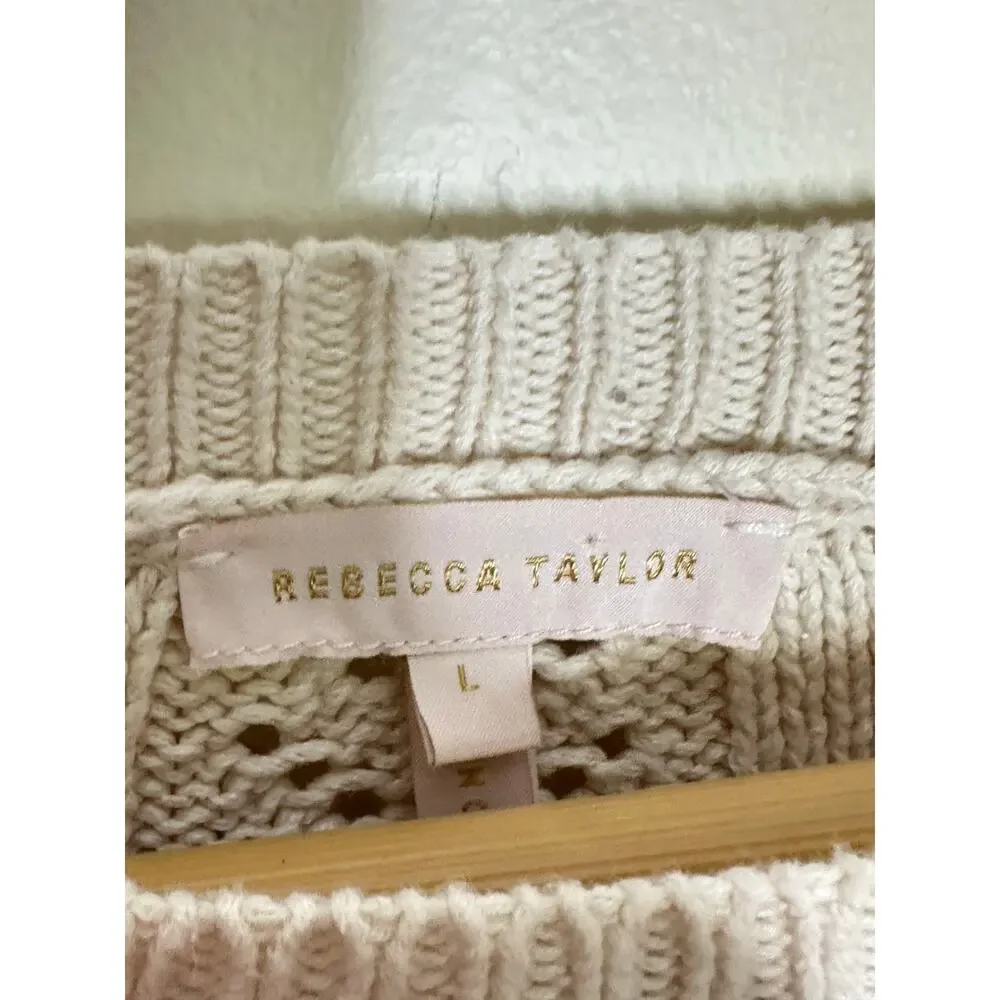 REBECCA TAYLOR Ruffle Scalloped Hem Cotton Sweater Ivory Sz L $218 {H46}
